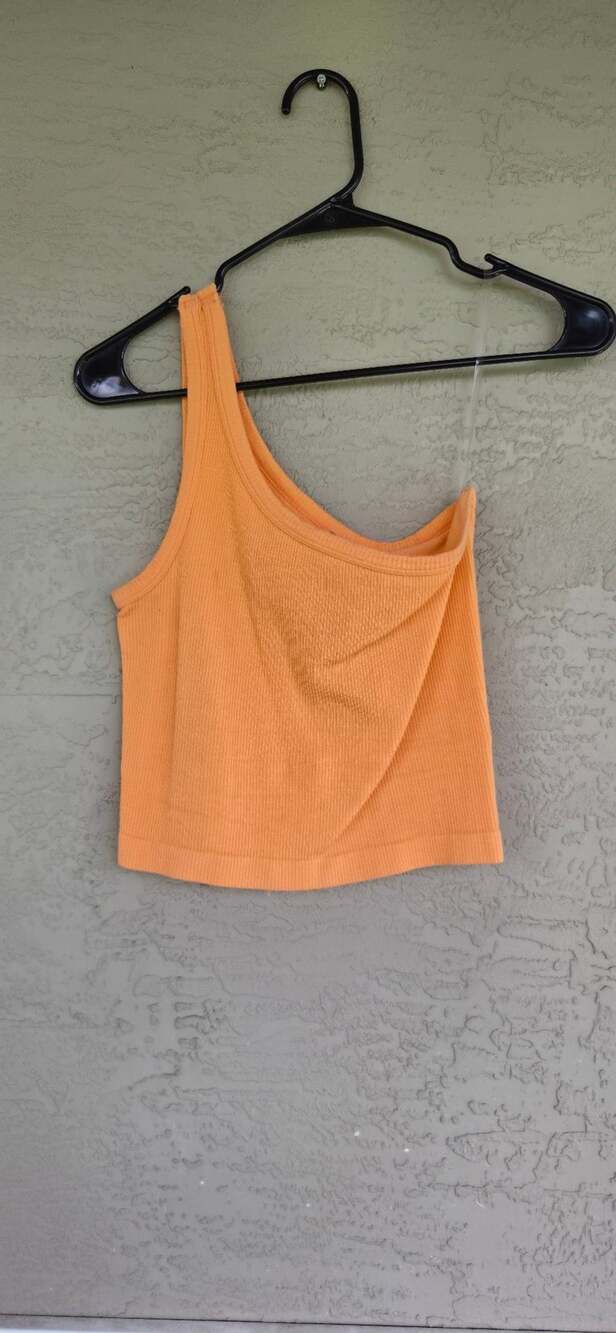 By Together One Shoulder Tank Top Size M/L Orange Ribbed Crop